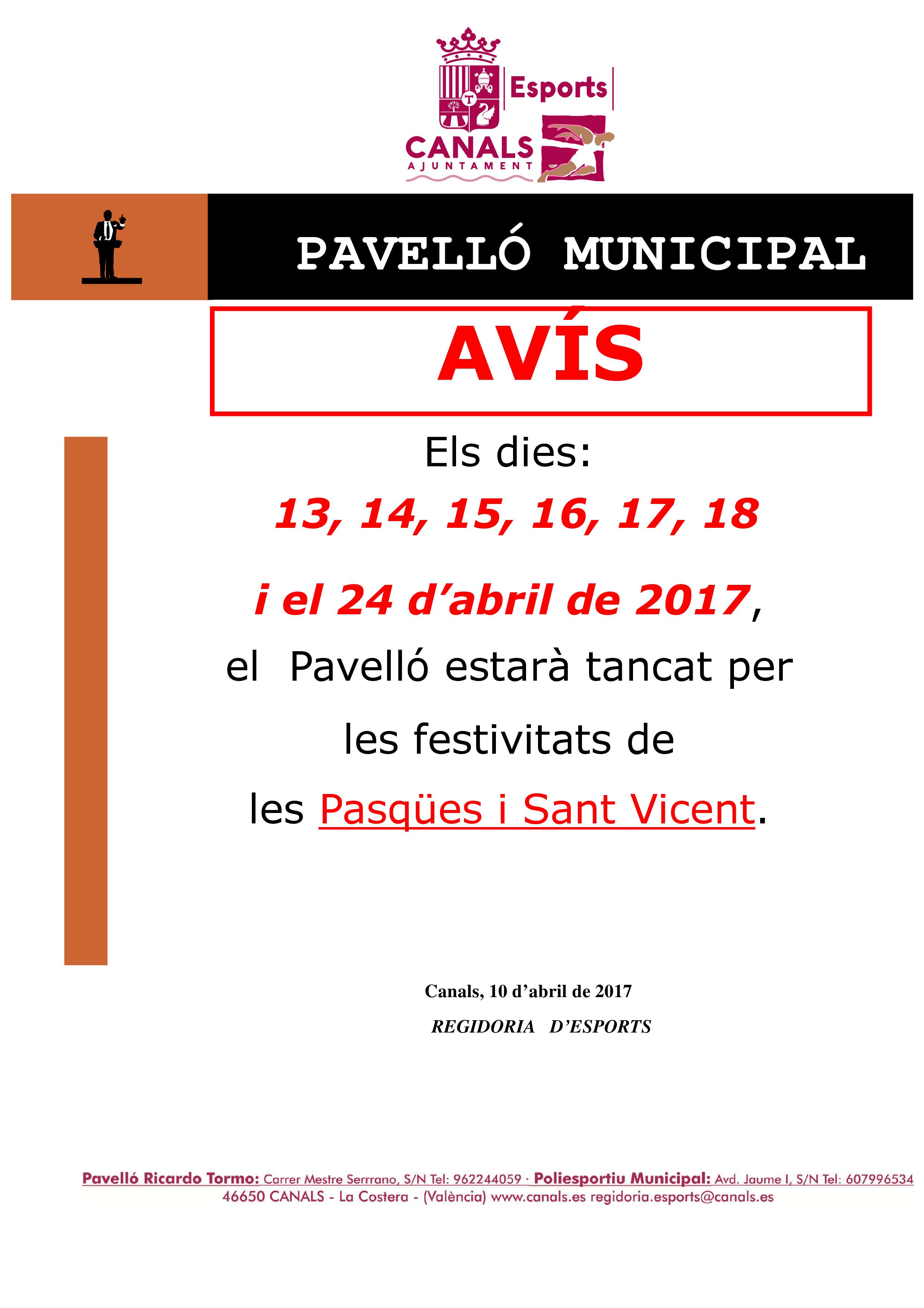2017.04.11 Horari Pavelló Setmana Santa. Ajuntament de Canals