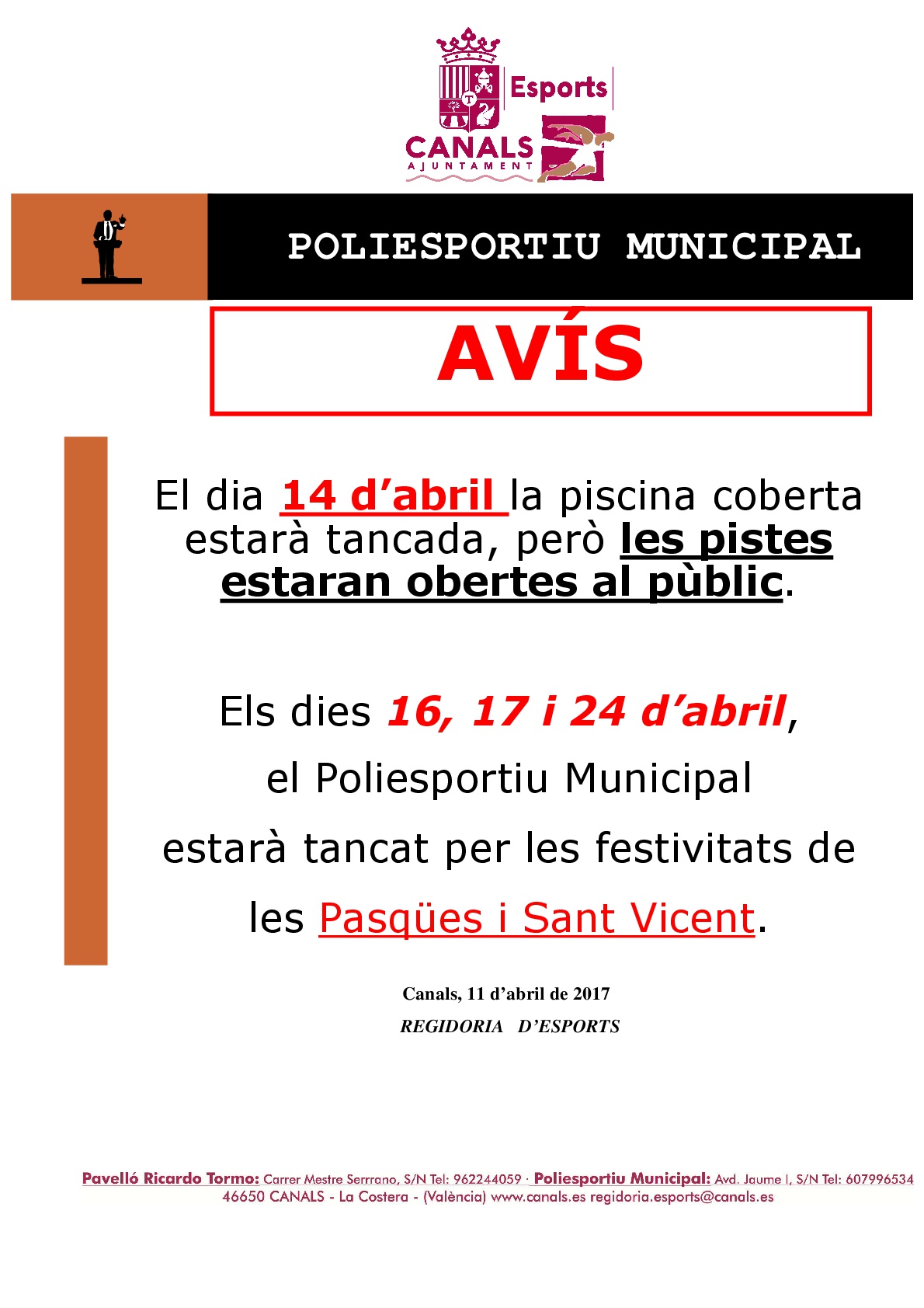 2017.04.12 Horari Poliesportiu Pasqua. Ajuntament de Canals