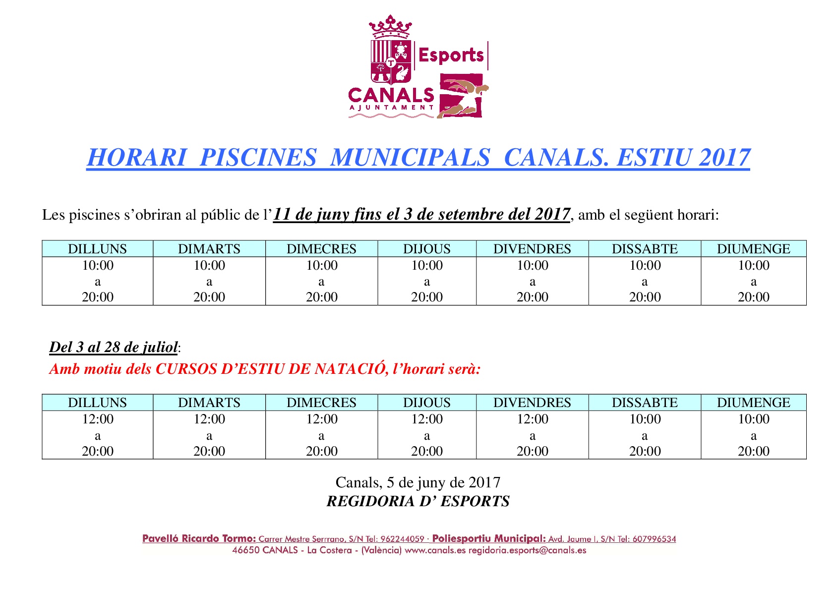 2017.06.05 Horari Public Piscines Estiu. Ajuntament de Canals