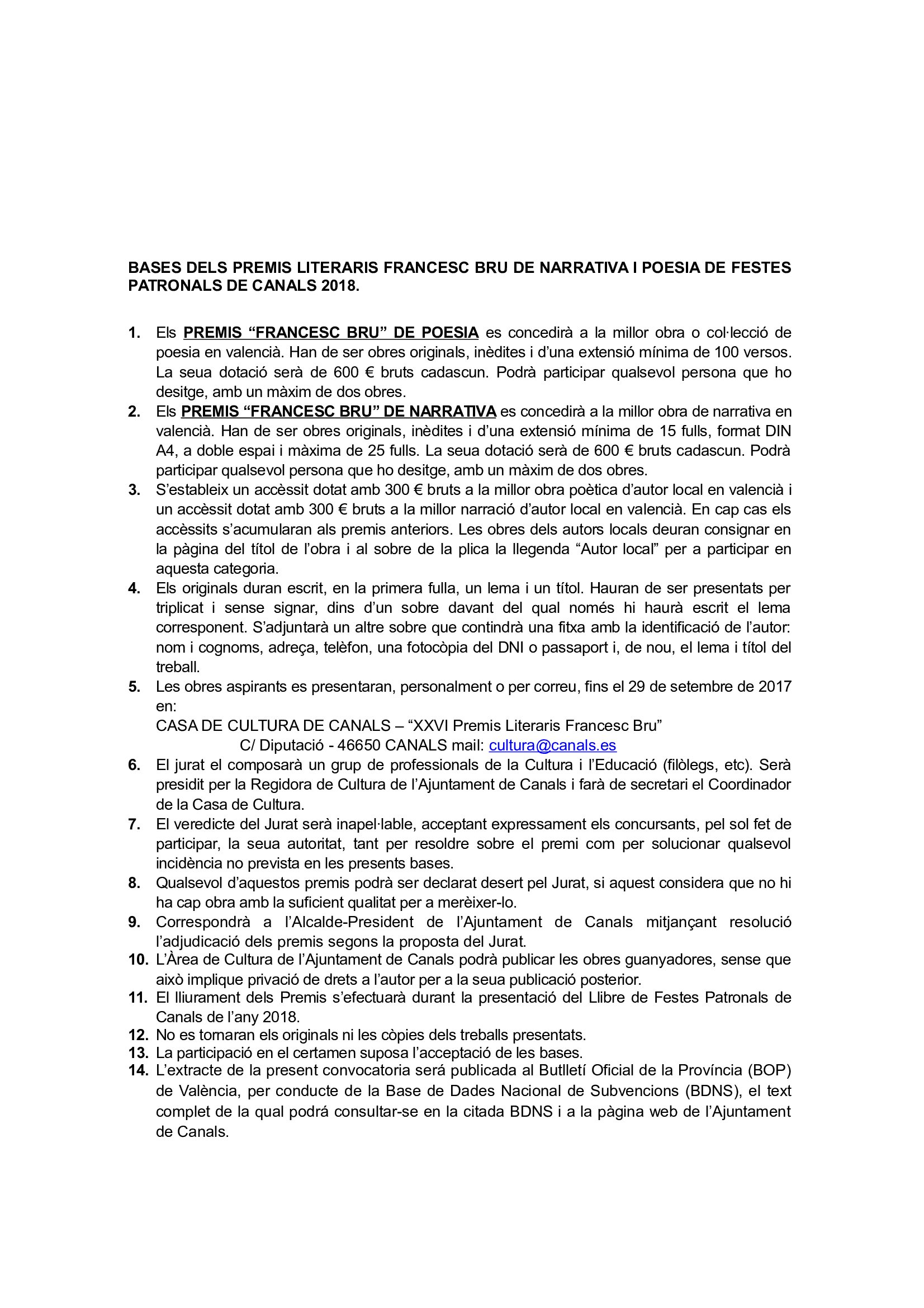 2017.07.27 Bases Concurs Literaris. Ajuntament de Canals